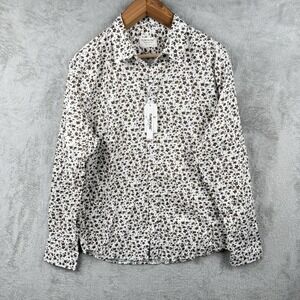 Tunevuse Shirt Mens L White w/ Brown Floral Button Up L/S Cotton Regular Fit NWT